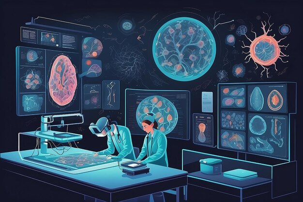 a vector graphic of students using advanced imaging techniques for detailed cellular studies vector illustration in flat style