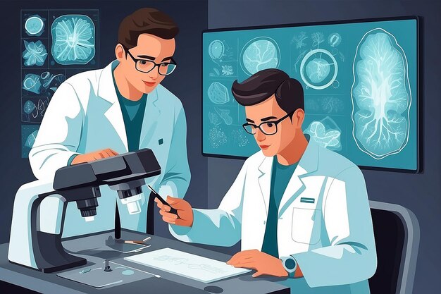 a vector graphic of students using advanced imaging techniques for detailed cellular studies vector illustration in flat style