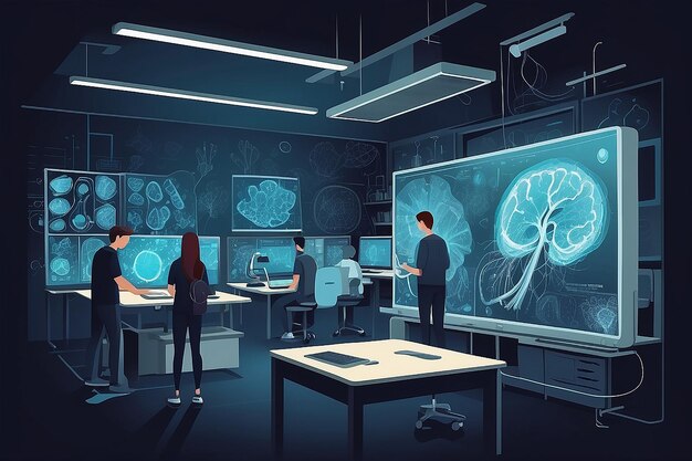 a vector graphic of students using advanced imaging techniques for detailed cellular studies vector illustration in flat style