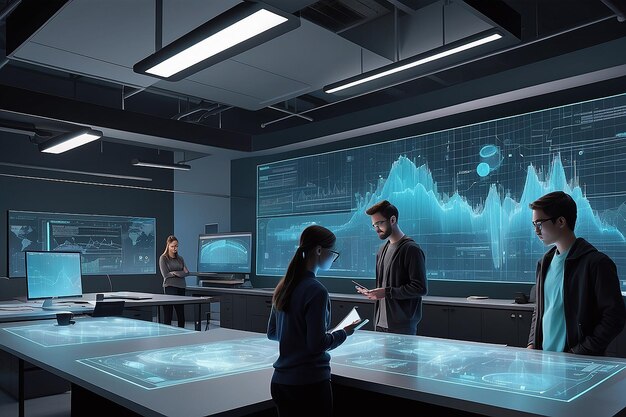 A vector graphic of students using holographic displays for data visualization in the lab