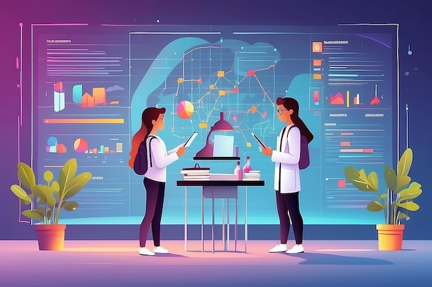 a vector graphic of students using holographic displays for data visualization in the lab