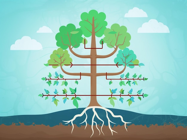 Vector graphic of a tree with a segmented structure against a sky and soil backdrop