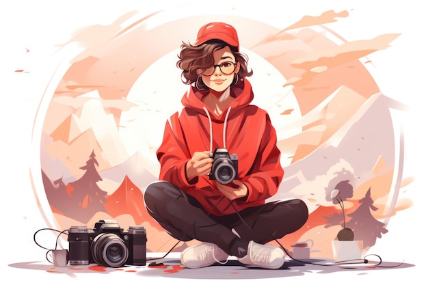 vector graphics of Video blogger with clothes Woman with red sweater behind camera