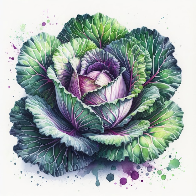 Photo vector green purple cabbage watercolor draw