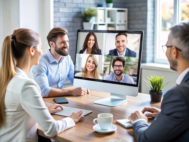 Vector of a group of people having a video conference call on computer screen taking with colleagues