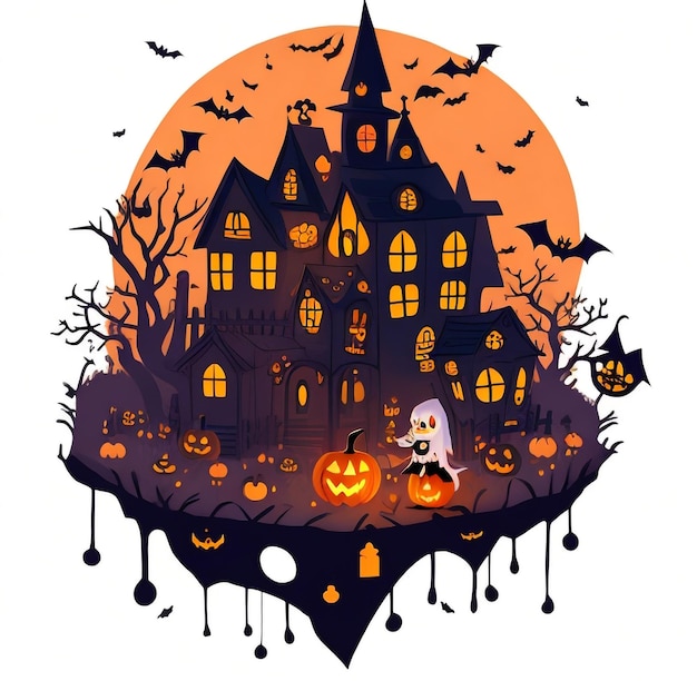 Vector halloween thema met pompoenen gejaagd kasteel vector stijl tshirt ontwerp