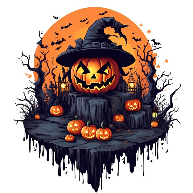 Vector halloween thema met pompoenen vleermuizen vector stijl tshirt ontwerp witte achtergrond