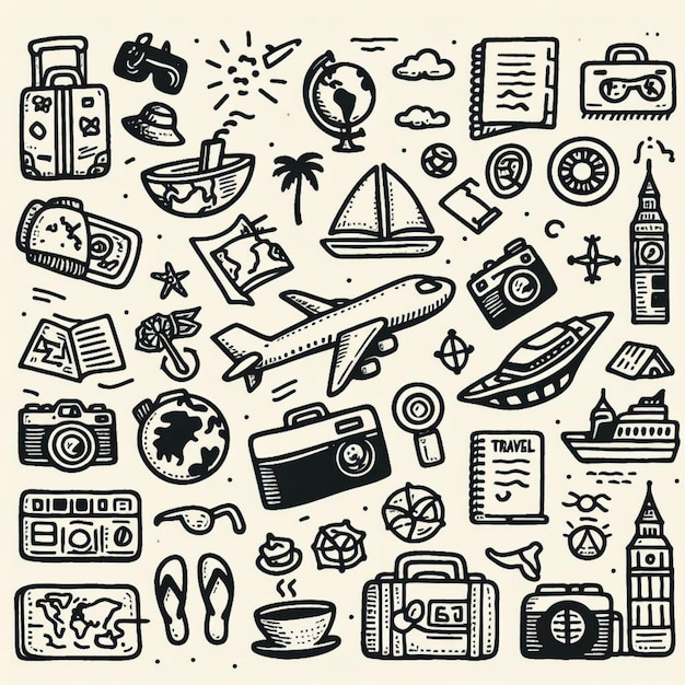 vector Hand drawn travel doodle icon set