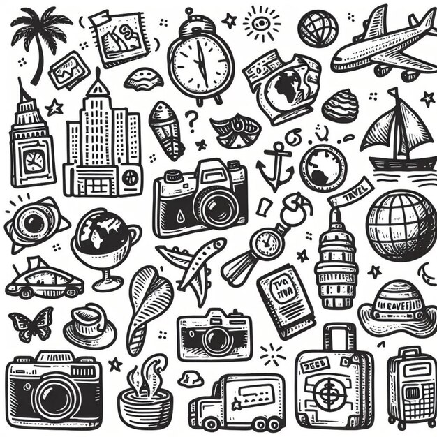 Photo vector hand drawn travel doodle icon set