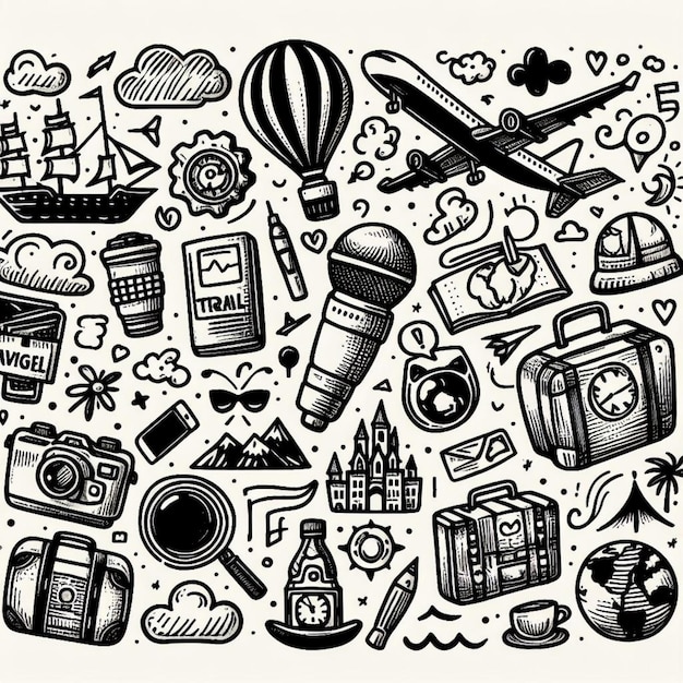 vector Hand drawn travel doodle icon set