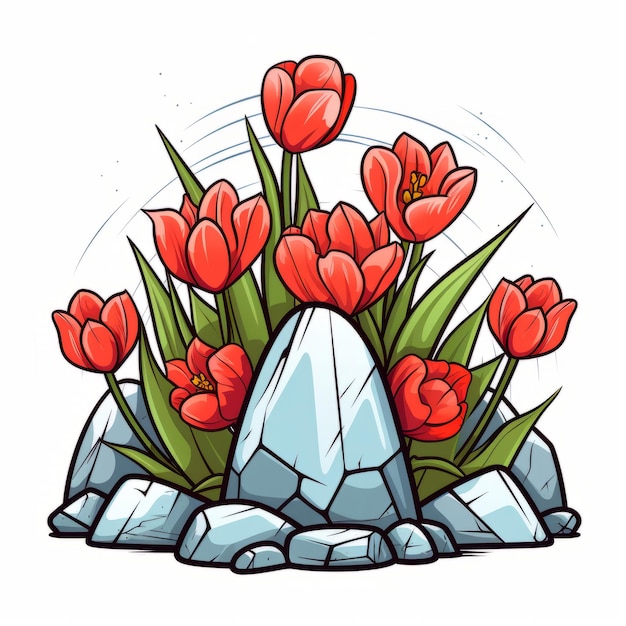 Vector hand getekende illustratie van een tuin met tulpen en rotsen