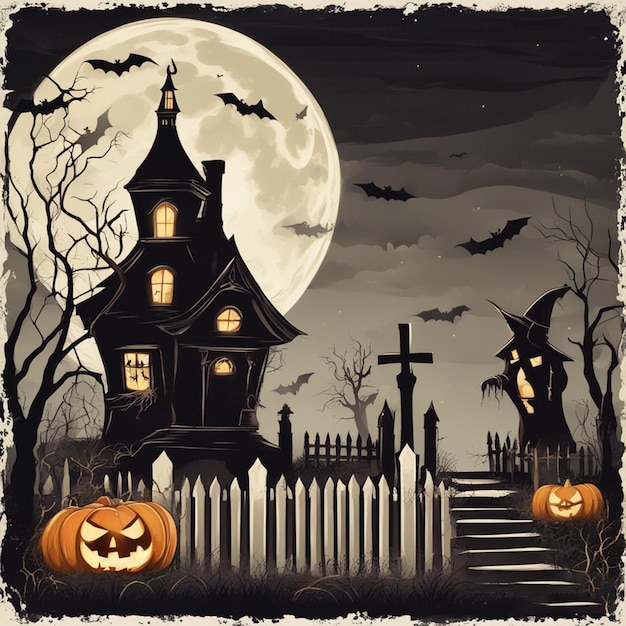 Photo vector happy halloween with night and scary castle