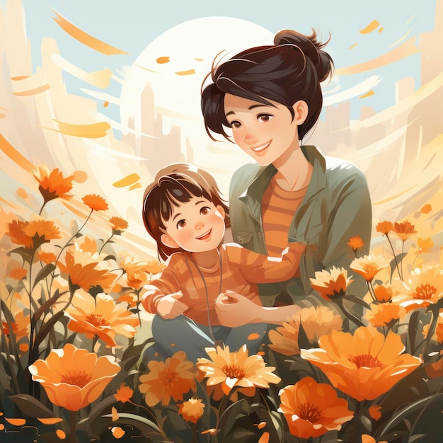 Vector Happy Mother with Son and Flowers