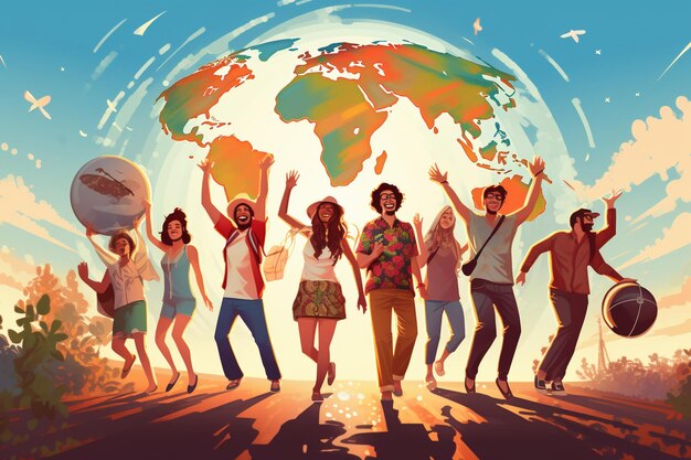 Vector happy people traveling around the world