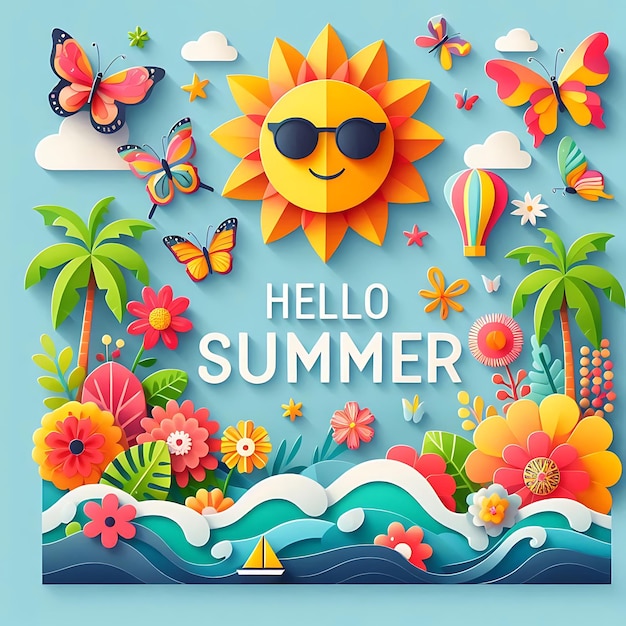 Фото vector hello summer a poster with a sun and butterflies on it that says hello summer