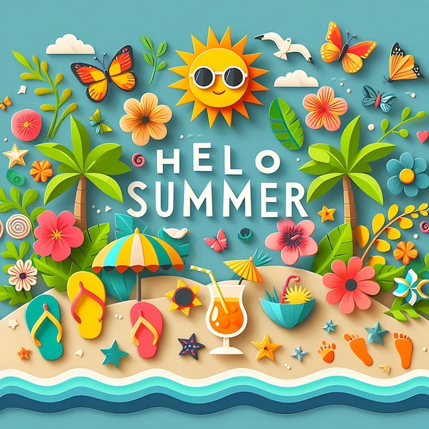 vector hello summer a colorful picture of a beach scene with a sunflower and a sunflower