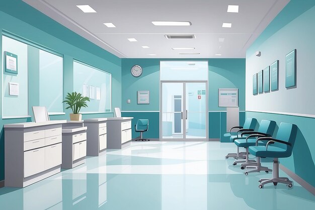 Photo vector hospital reception empty clinic corridor with doctor office chairs counter medical interior flat illustration health care concept