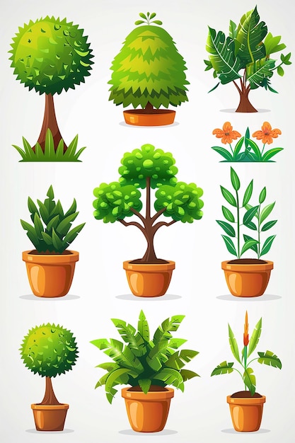Foto set di icone vettoriali di piante in vaso albero sullo sfondo bianco