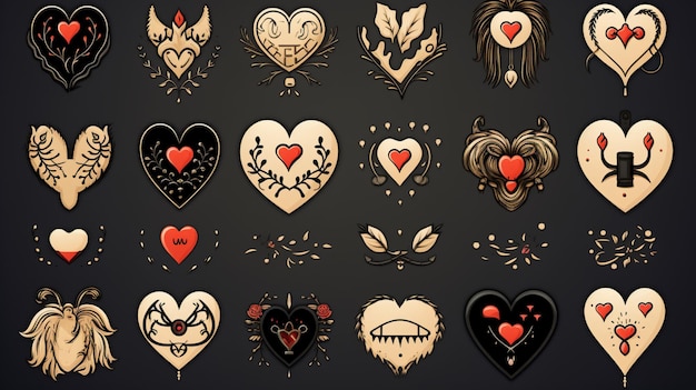 사진 터 아이콘 세트는 손으로 그린 검은 심장을 포함한 심장과 사랑의 상징을 특징으로합니다.