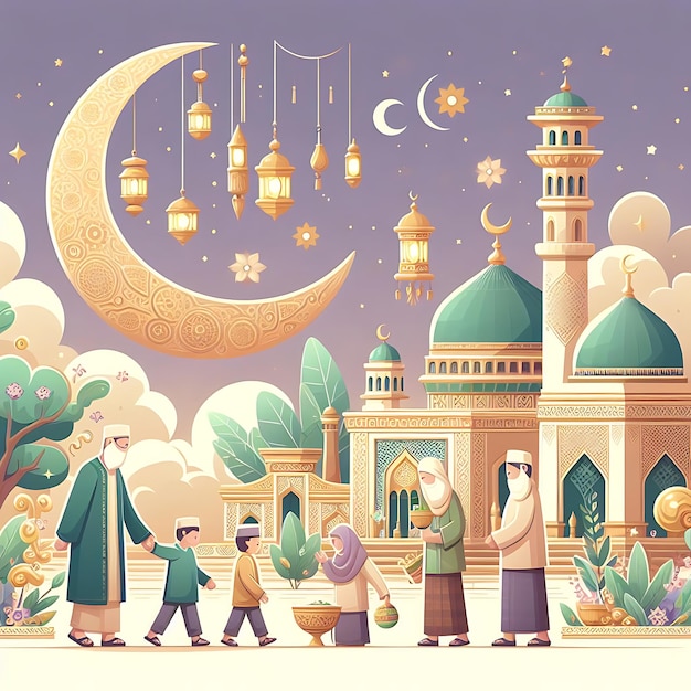 vector idul fitri a picture of people with a moon and a mosque with a moon in the background