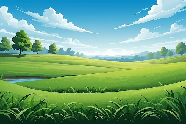 Photo vector illuastration grassy green field and blue sky