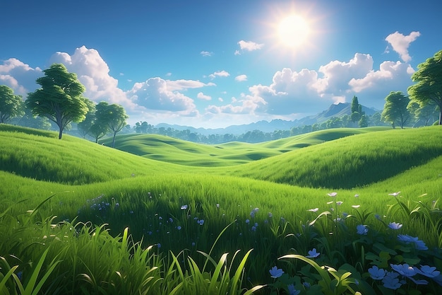 Vector illuastration grassy green field and blue sky