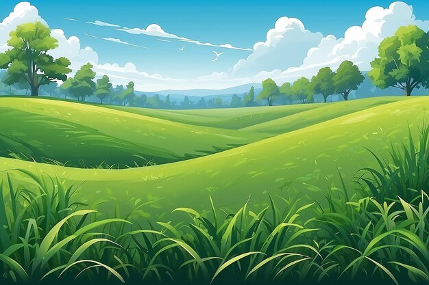 Photo vector illuastration grassy green field and blue sky