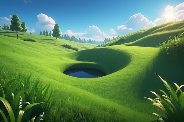 Vector illuastration grassy green field and blue sky