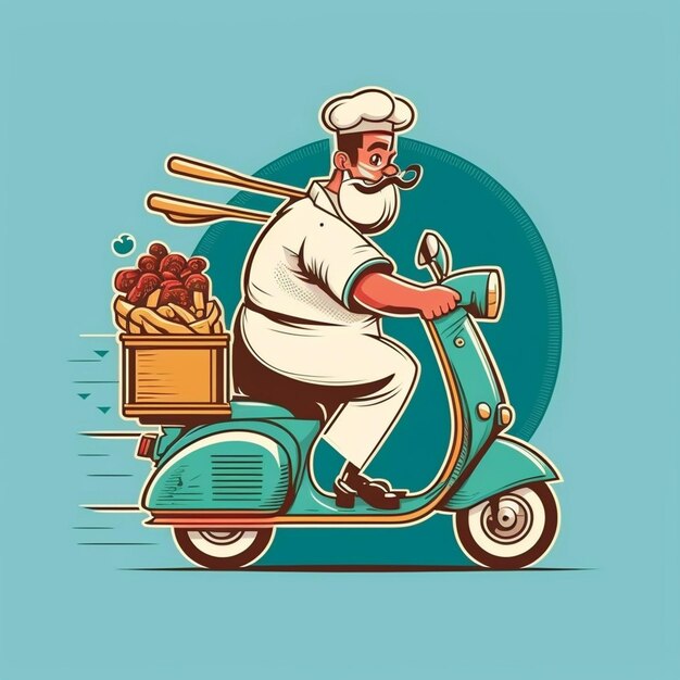 Vector illustratie chef-kok op scooter die eten levert