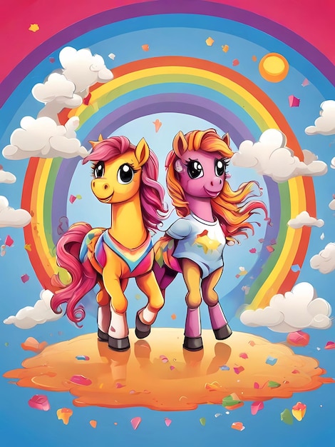 vector illustratie pony's dansen op een regenboog