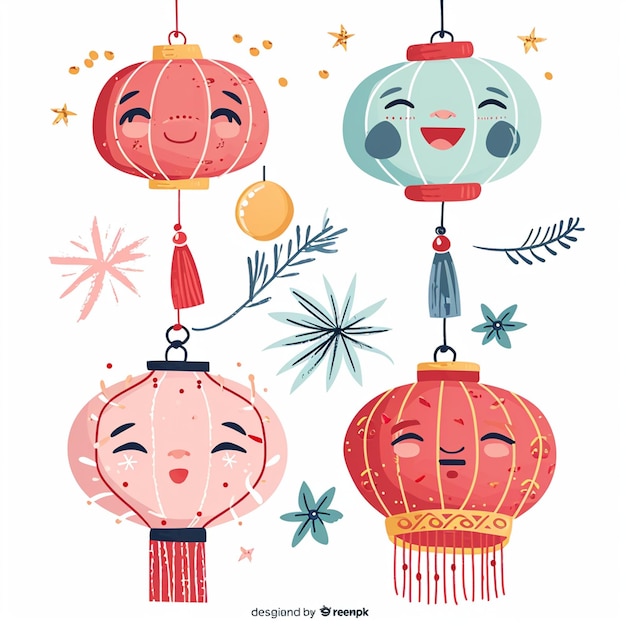 Vector illustratie Set van schattige Chinese nieuwjaarslantaarn