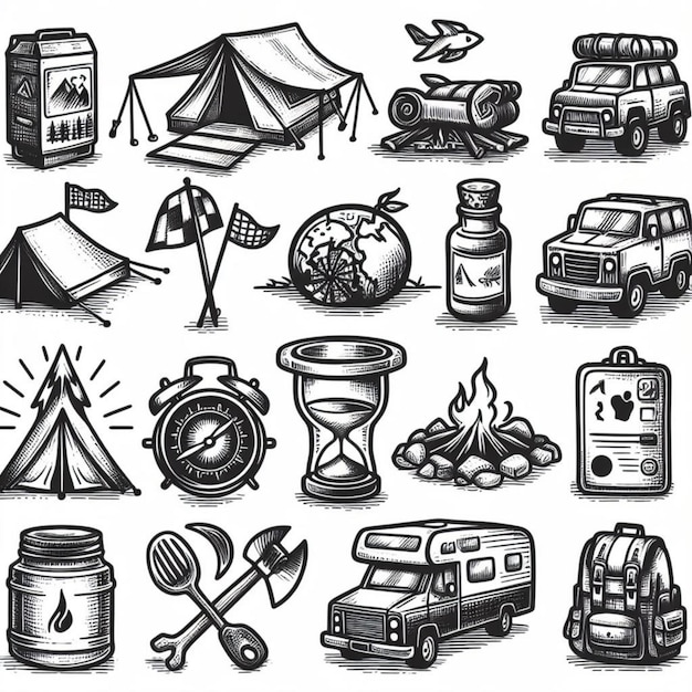 Vector illustratie tekenstijl van camping pictogrammen verzameling