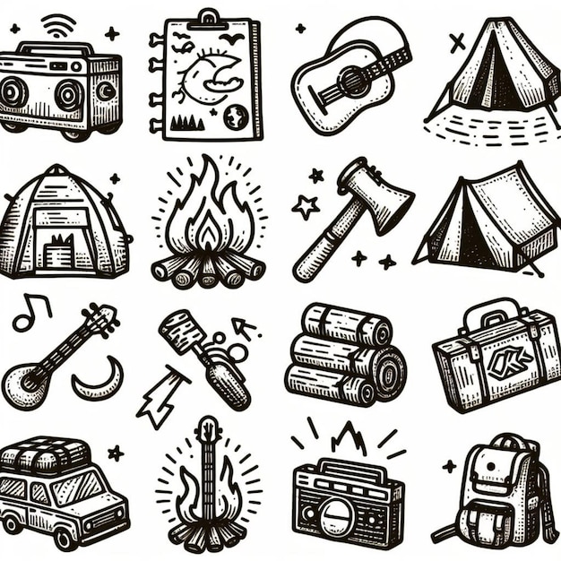 Vector illustratie tekenstijl van camping pictogrammen verzameling