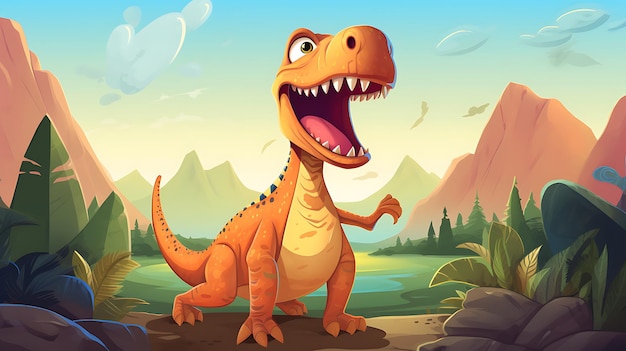 vector illustratie van een grappige baby dier dinosaurus vulkaan achtergrond spelen met een kind