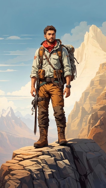 Vector Illustration of an Adventurous Explorer Standing Proudly on the Edge of a Rugged Cliff