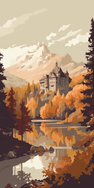 Vector Illustration Of Alpine Shrubland With Stone Trees And Palace On Lake