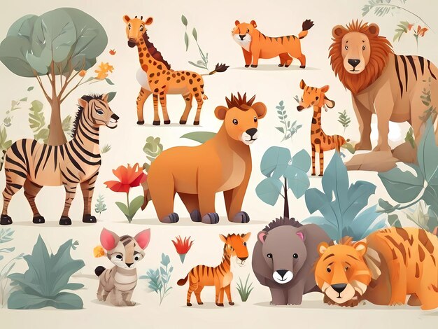 Vector illustration of animal and baby including koalas penguins giraffes monkeys elephants