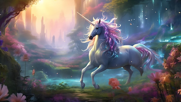 vector illustration of beautiful fairy and unicorn in glitter glow light with blur forest background