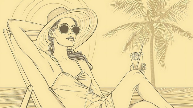 Foto vector illustration of a beautiful woman relaxing in a beach chair she is wearing a hat and sunglasses and is holding a drink in her hand