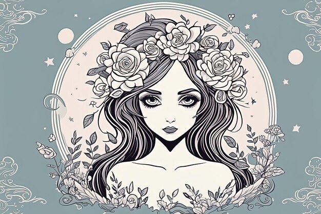 Photo vector illustration of a beautiful woman with a flower in the garden on a white backgroundvector ill