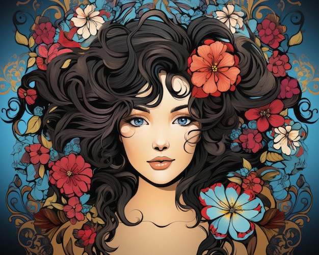 vector illustration of a beautiful woman with flowers in her hair