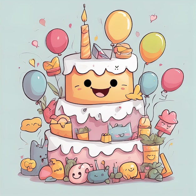 誕生日の漫画のキャラクターのベクトル イラストかわいい誕生日ケーキ キャンドル漫画チャ