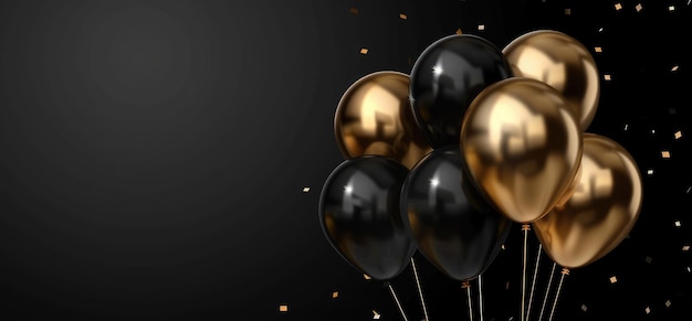 vector illustration of black and gold balloons on dark background banner with copy space area