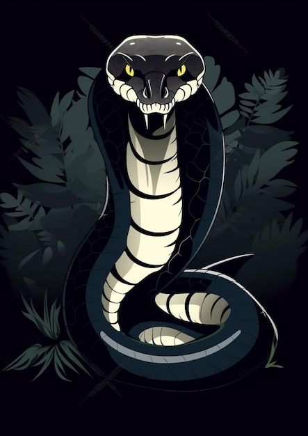 vector illustration of a black and white cobra snake with yellow eyes generative ai