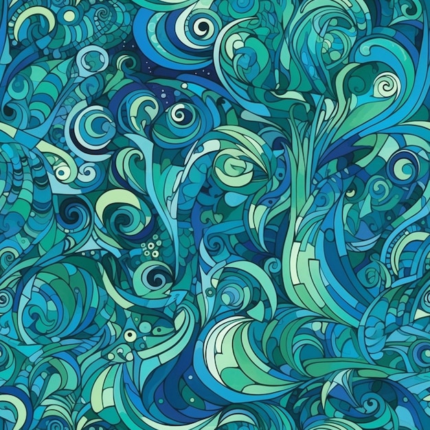 A vector illustration of a blue and green background with swirls and stars.