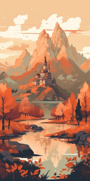 Векторная иллюстрация болот с альпийскими горами и осенними красками