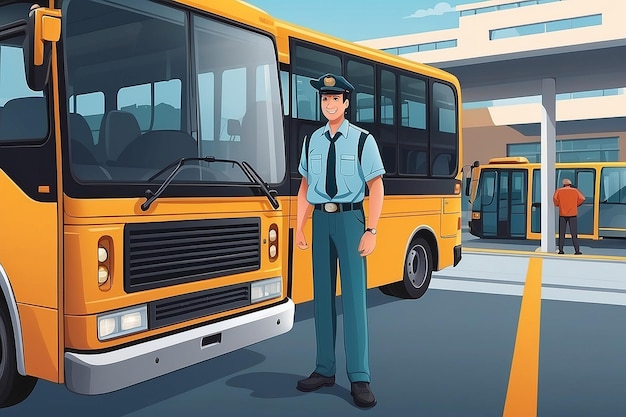 Photo a vector illustration of a bus driver standing in front of the bus at a bus terminal