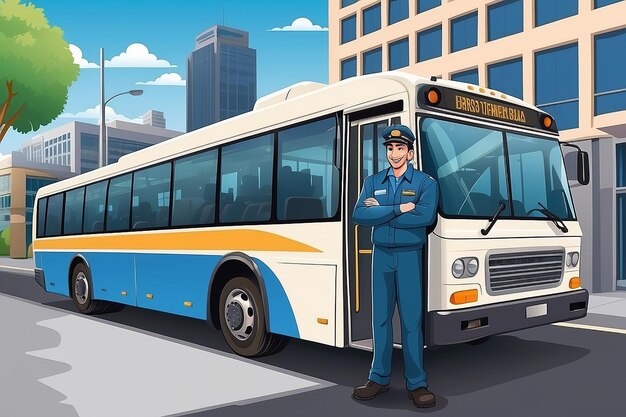 バスターミナルでバスの前に立っているバス運転手のベクトルイラスト