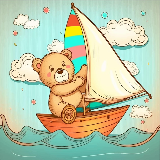 Vector illustration of cartoon bear on sailboa