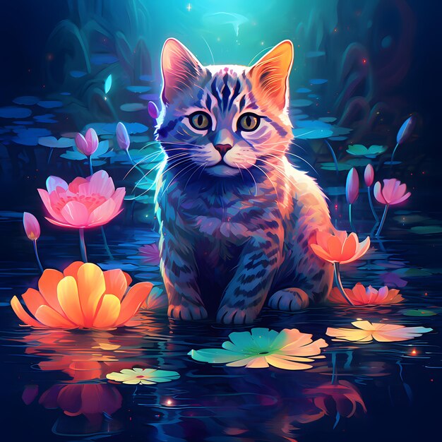 Foto illustrazione vettoriale di un gatto seduto su uno stagno con fiori di loto